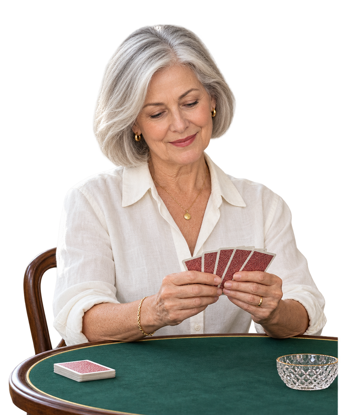 Illustrative portrait of a woman considering her cards.